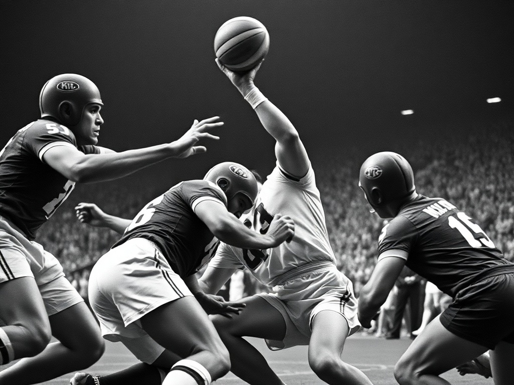 과거 스포츠 경기의 연장전 장면을 담은 흑백 사진